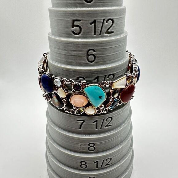7.5" Mult-gemstone and shell stamped sterling silver bracelet! - Picture 3 of 14